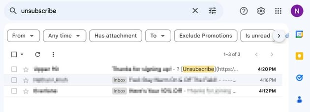 Use Gmail Search box to find unsubscribe emails step 2