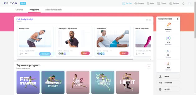 A screenshot from inside the FitOn browser-based fitness app. The user can select from a multitude of exercise classes and programs.