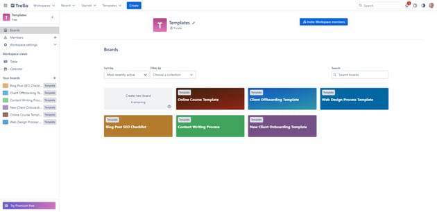 A set of custom templates have been created and saved in Trello for various processes, like client onboarding, client offboarding, web design, and content writing.