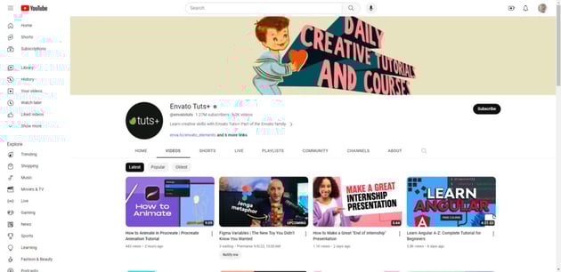 The list of Videos available on the Envato Tuts+ YouTube channel
