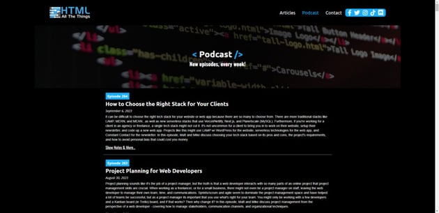 The most recent episodes from the HTML All the Things podcast are shown