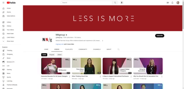 A list of Videos available on the Nielsen Norman Group’s YouTube channel