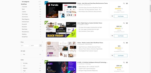 A screenshot from the search results page on ThemeForest. It shows the newest bestselling themes for WordPress.