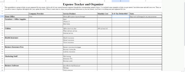 A template called Expense Tracker and Organizer. Freelancers can use this at tax time to quickly cross-check the list of deductible expenses from what’s in their tax software.