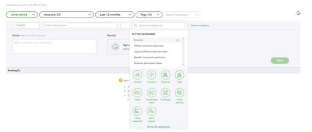 A screenshot from inside the QuickBooks Self-Employed app shows different categories that users can assign to income as well a professional expenses. Like apps, health insurance, taxes, work spaces, and more.