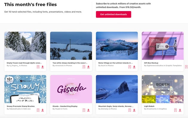 Get 12 free files from Envato Elements for you to try monthly.
