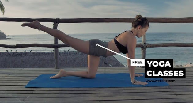 Background image of a woman doing yoga. Black and white text boxes on top and a line pointing to the middle of the screen.