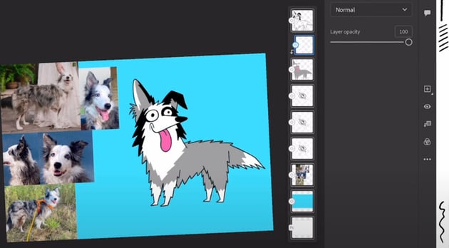 Adobe Fresco tutorials​: Sketch of Emma the Border Collie with more color.