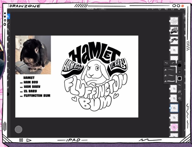 Chris Piascik drawing pets: sketch of Hamlet the bunny and the lettering.