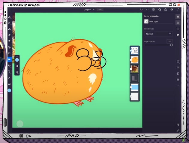Adobe Fresco art: sketch of Ginger with color and facial expressions.