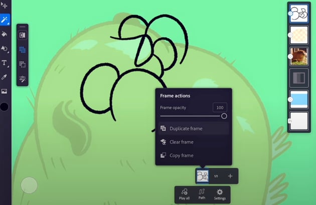 Adobe Fresco animation: create the face layer with five frames.