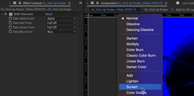 After Effects design: Screen blend mode.