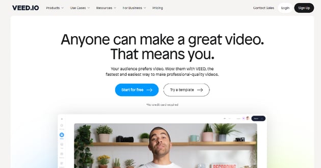 Veed site preview: Harnessing AI video frame interpolation for creative editing.
