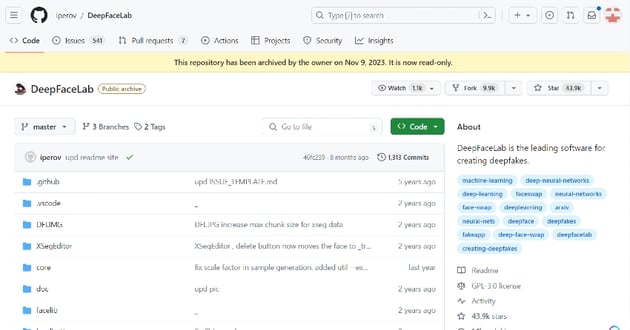 Screenshot of Deep Fake Labs GitHub page for article on how to use AI for YouTube videos.