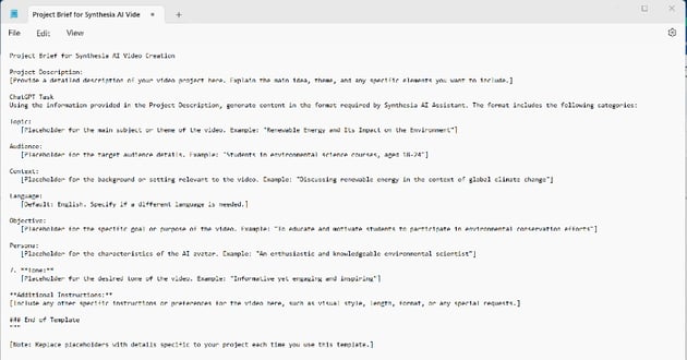 Prompt template concept to produce required inputs for Synthesia Ai Assistant on article on using AI for YouTube videos.