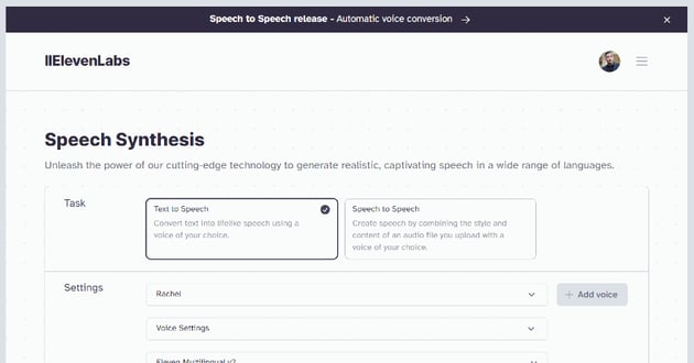 Eleven Labs Dashboard screenshot for AI YouTube video maker.