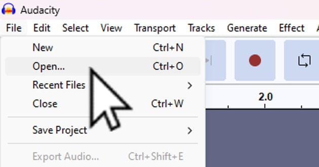 User clicking Open in File Menu for article on compression in Audacity.