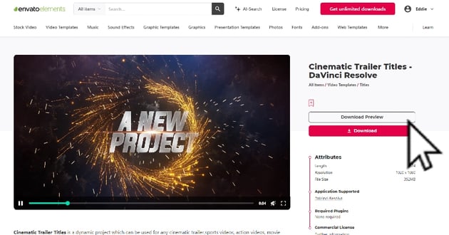 Cinematic Trailer Titles Theme thumbnail for article on How to install DaVinci Resolve templates.