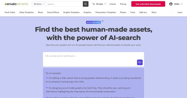 Envato Elements website(Now boasts powerful new Ai Search) thumbnail for unlimited content and resources to help with reducing noise in DaVinci Resolve.