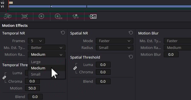User setting Motion range to Medium for how to denoise footage in DaVinci Resolve.