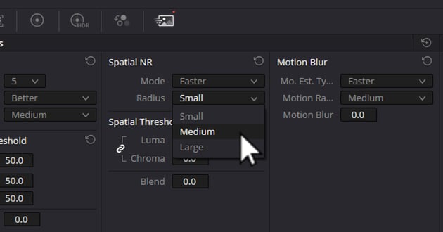 User adjusting Spacial threshold to Medium for article covering DaVinci Resolve and how to denoise.