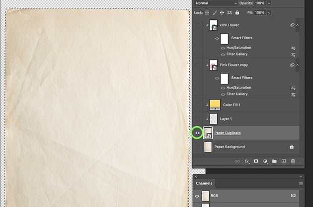 option/alt click the eye on the paper texture layer to hide all other layers
