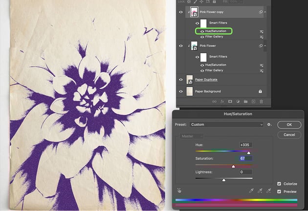 change the gel ink color of the duplicated layer with hue and saturation