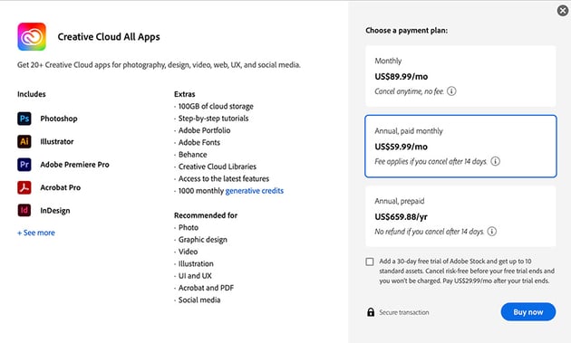 Adobe prices as of November 2023