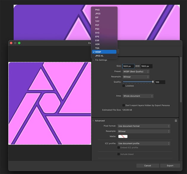 Affinity Photo export options