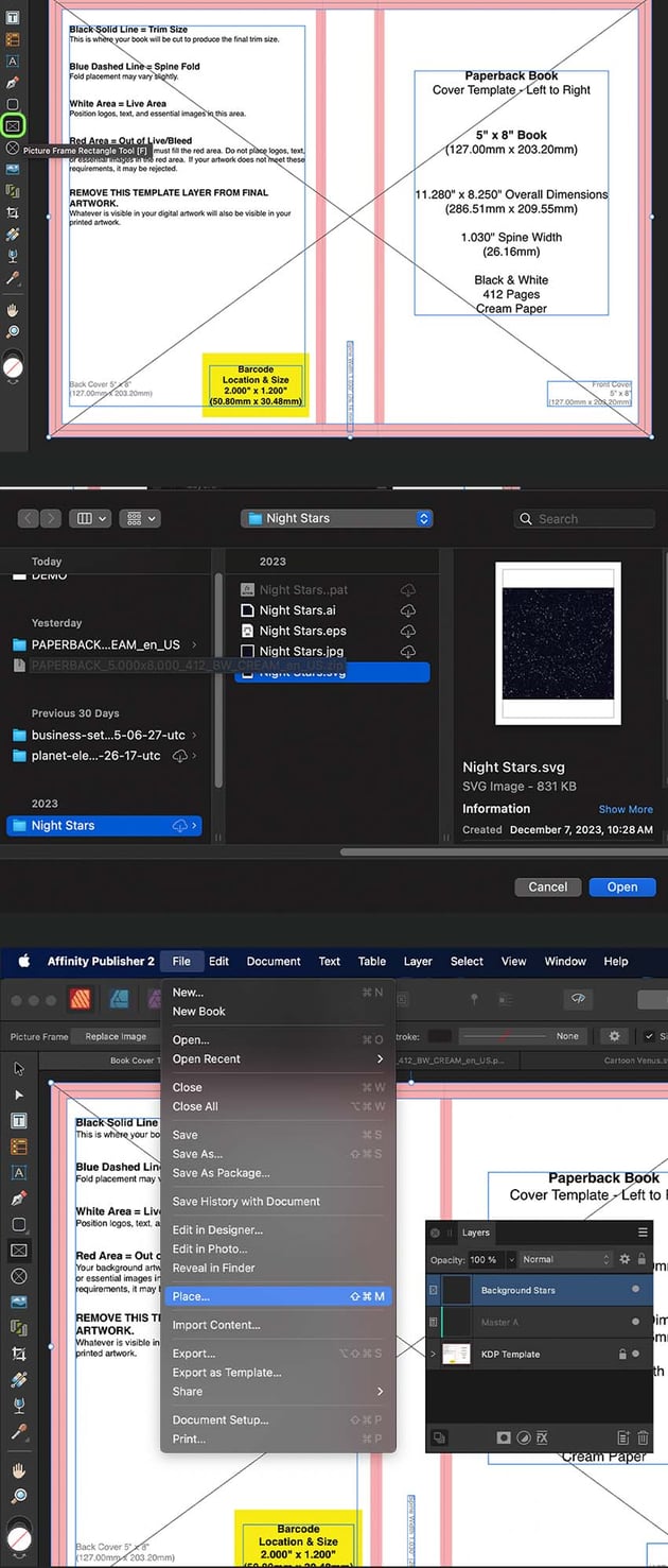 placing the star background over the book cover template
