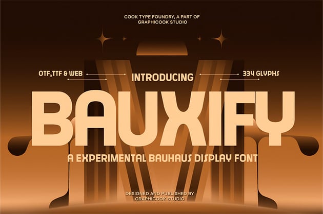 Modern Bauhaus alternative Bauxify font featuring bold display style and 334 characters
