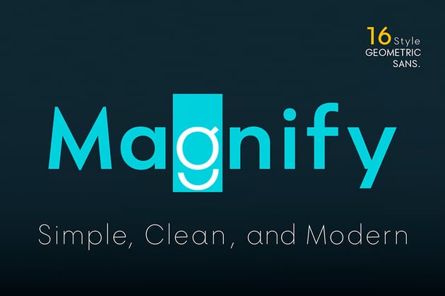 Magnify geometric sans font similar to Bauhaus with 16 clean modern styles