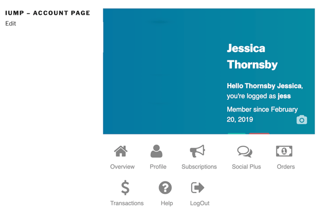 UMPs default Account Page features multiple links including Profile Transactions and LogOut
