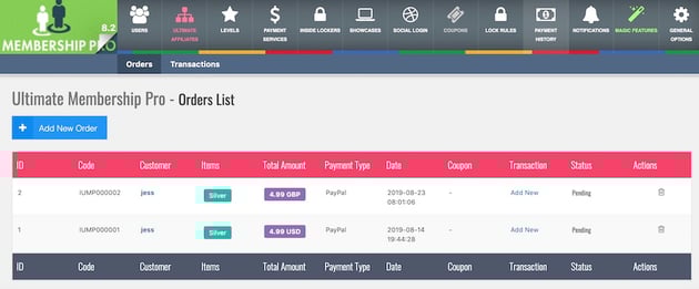 The Orders List screen displays information about all of the subscriptions that have been purchased