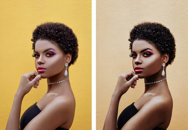 Before/after image of portrait of a woman without and with filter applied