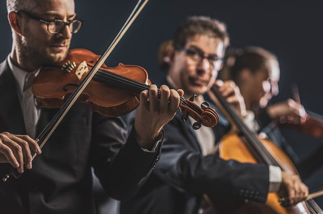 Symphonic string orchestra performing on stage