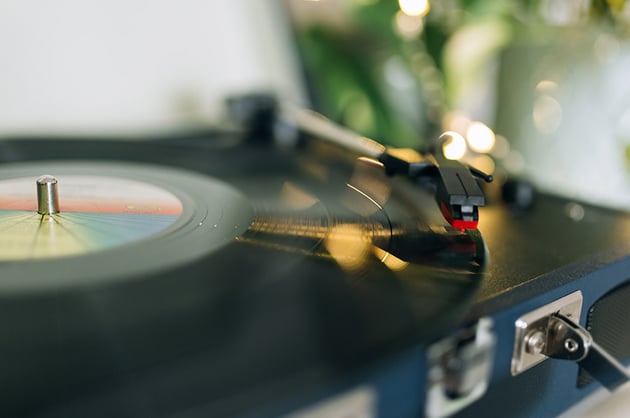 Close-up of vinyl record player