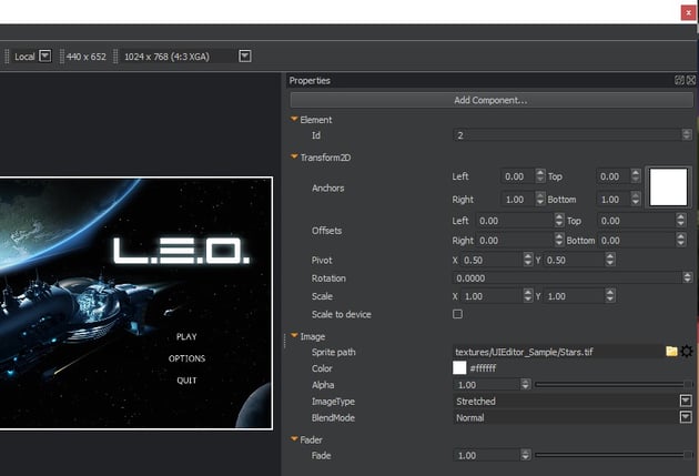 UI Editor with loaded canvas - Properties pane