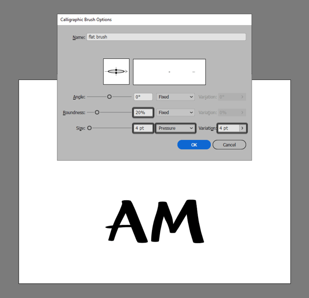flat brush example with size set to pressure