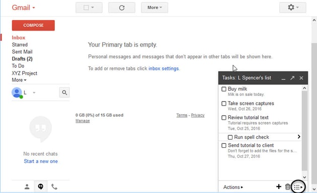 Main Gmail window with List icon circled