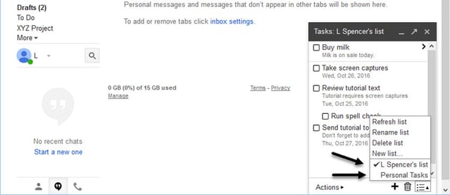 Available Gmail tasks lists at the bottom of the List popup menu