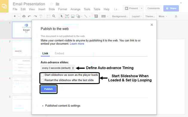 Google Slides Link Tab in Publish to the Web dialogue box