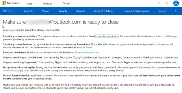 account closure warning screen