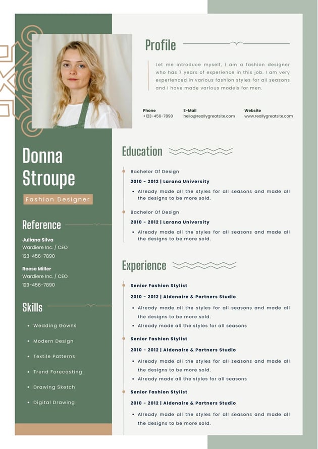 Green Modern Fashion Designer Resume