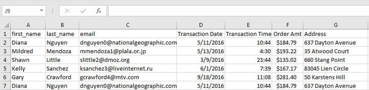 Example of Customer Data in Excel