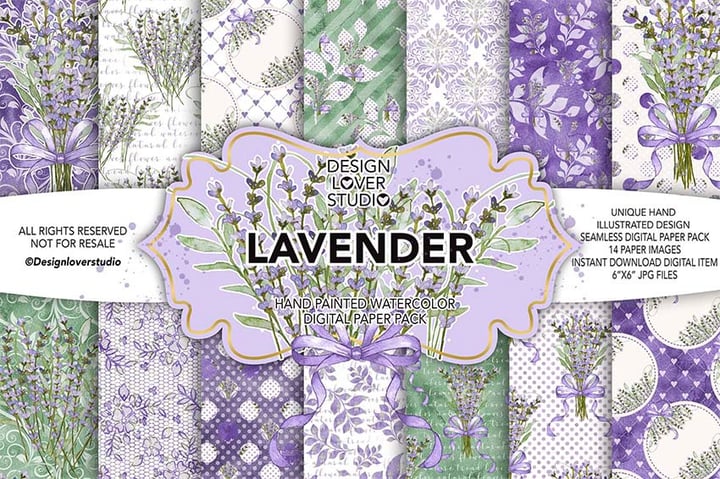 Watercolor LAVENDER Digital Scrapbook Paper Pack