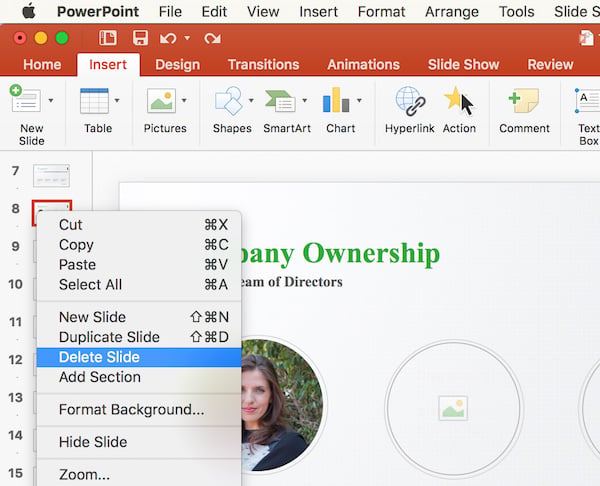 Delete slide from your business plan presentation theme file