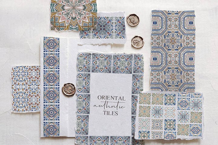 Oriental Tiles Watercolor Digital Scrapbook Paper