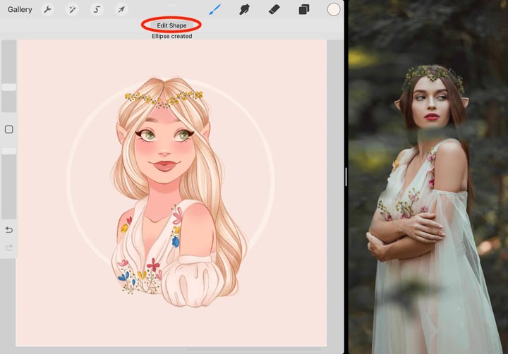 a white circle has been drawn behind the character, and edit shape is circled in red