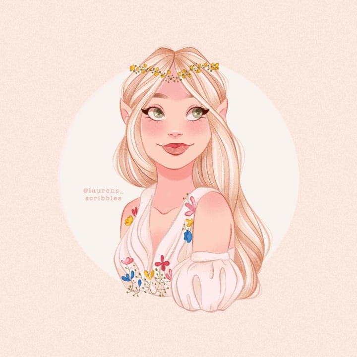 The finished drawing of a blonde elven girl with a nude background